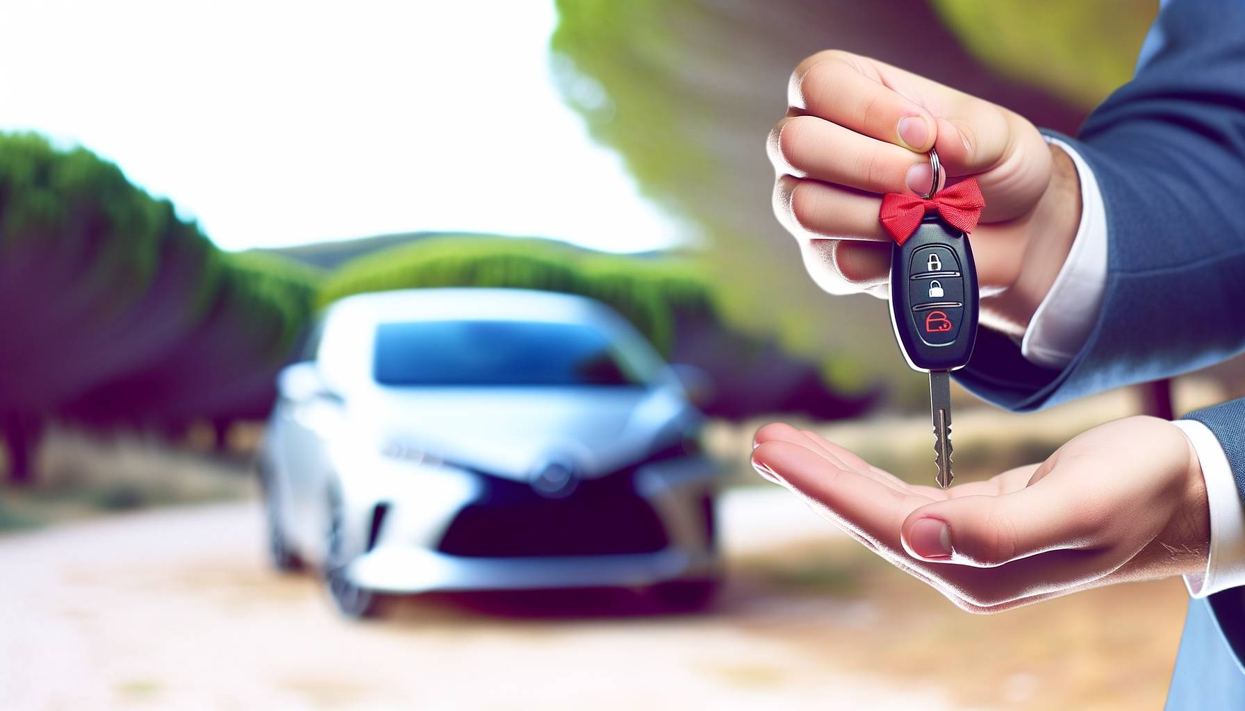 Formato apaisado, estilo editorial limpio. Primer plano de manos entregando llaves de coche con pequ...