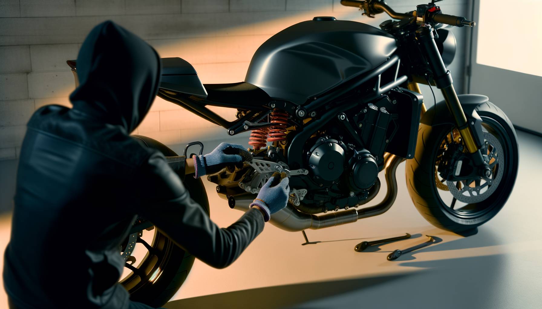Foto apaisada, estilo editorial: garaje moderno con luz lateral fría y sombras suaves; moto naked o...