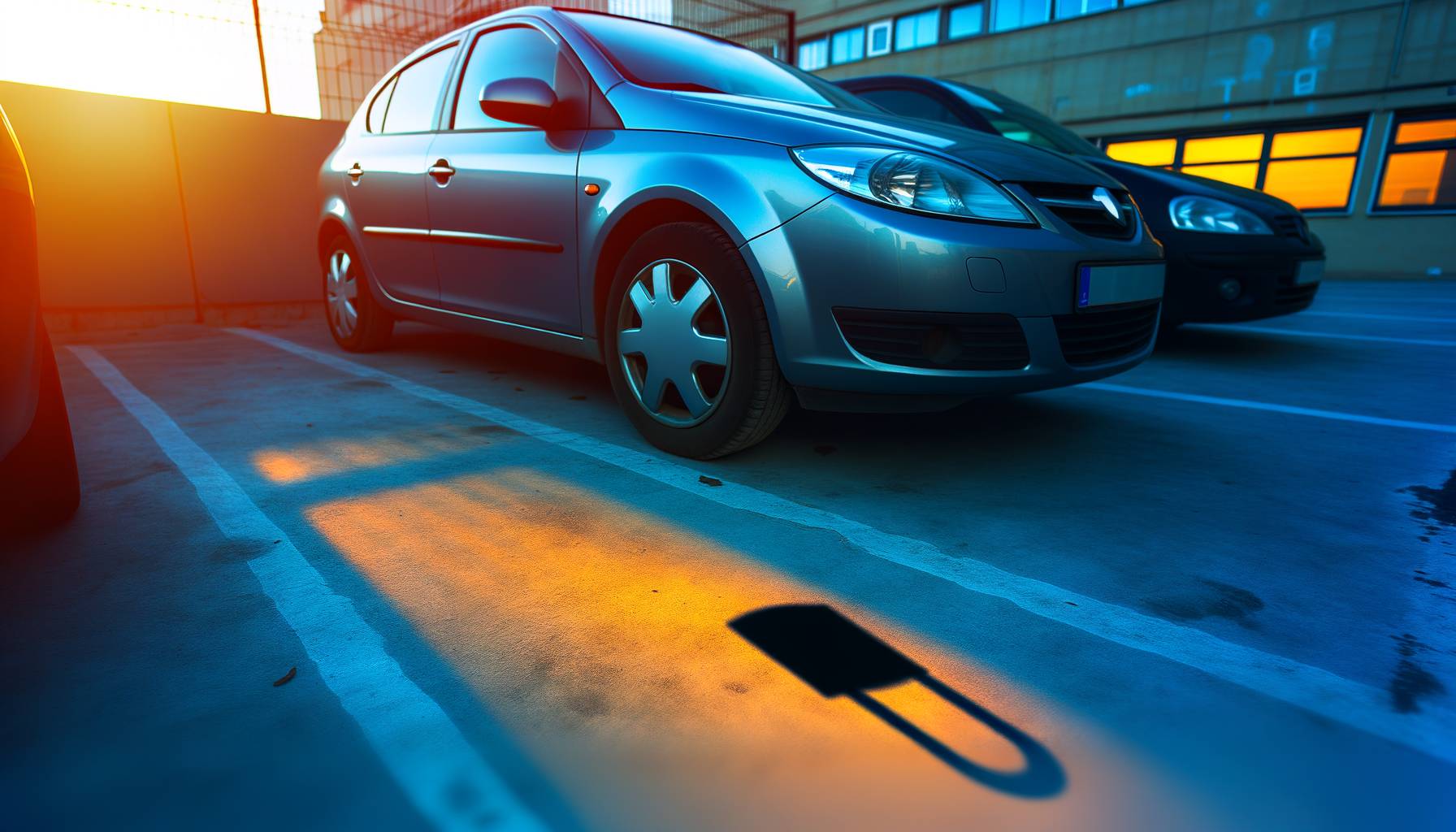 Foto horizontal profesional: coche gris metalizado de segunda mano en aparcamiento urbano al atardec...