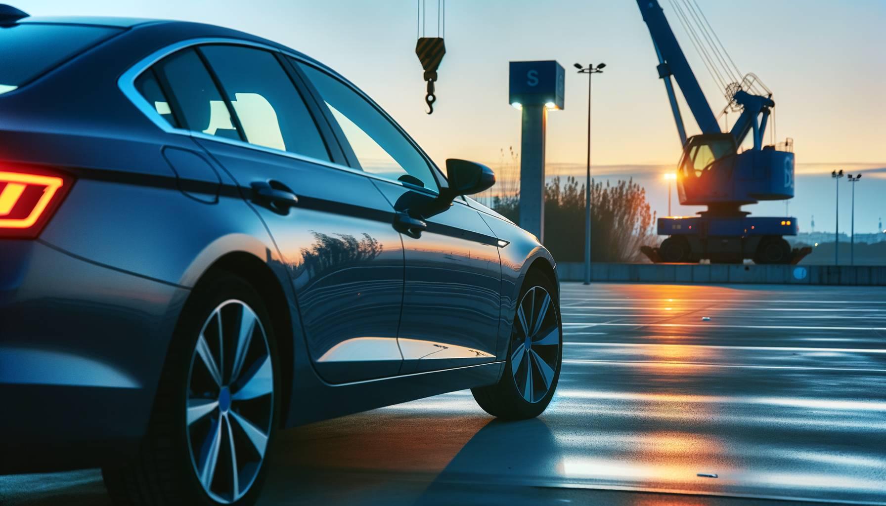 Fotografía editorial en formato horizontal: sedán moderno estacionado en un parking urbano al atar...