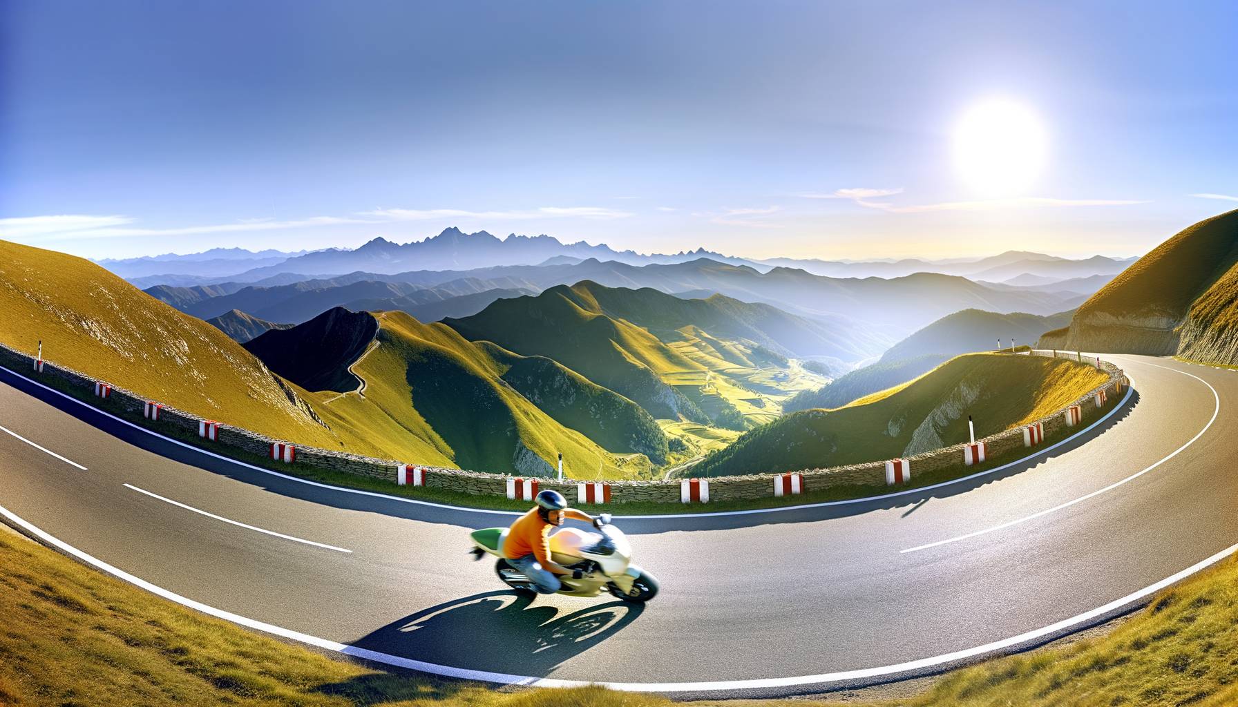 Fotografía panorámica horizontal, estilo editorial, luz dorada. Carretera de montaña sinuosa en l...