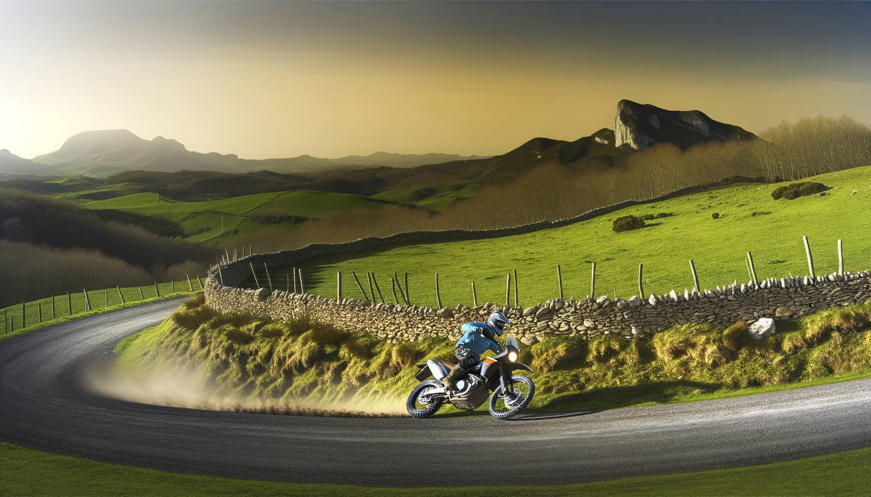 Panorámica horizontal, estilo editorial: una moto trail toma una curva en asfalto oscuro entre prad...