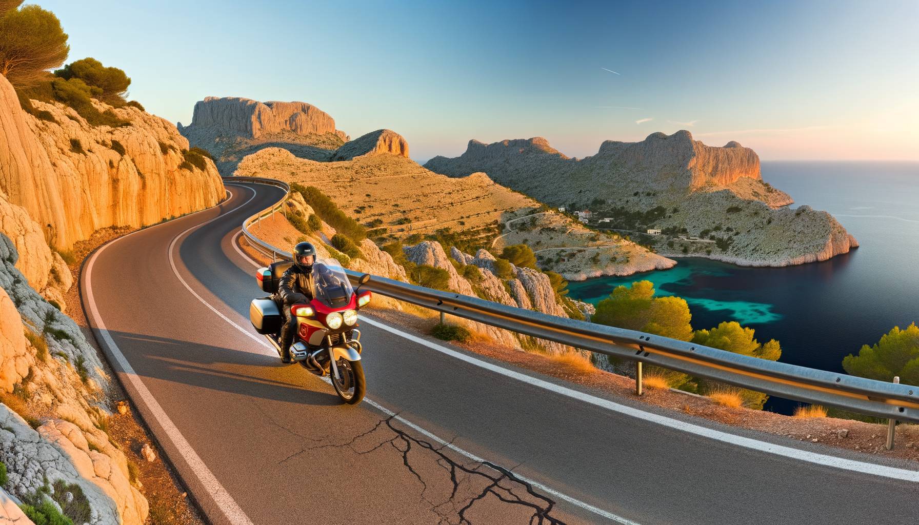 Panorámica horizontal, estilo fotográfico profesional al atardecer: moto touring con alforjas por ...