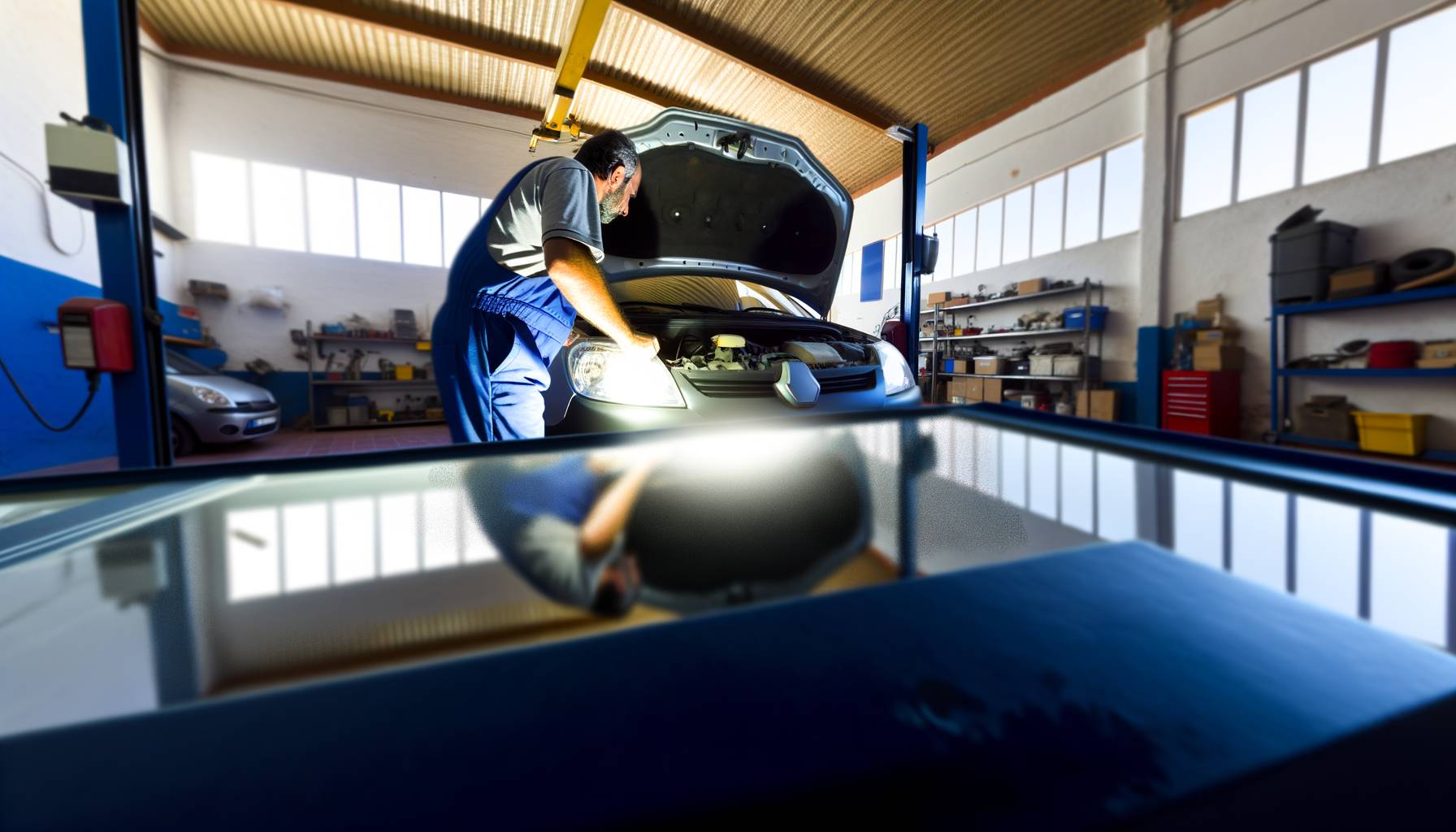 Panorámica horizontal, estilo editorial. Mecánico inspecciona un coche usado con el capó abierto ...