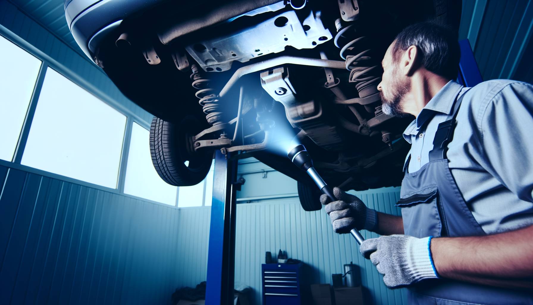 Estilo documental profesional, horizontal; taller mecánico en tonos fríos (azules y grises), coche...