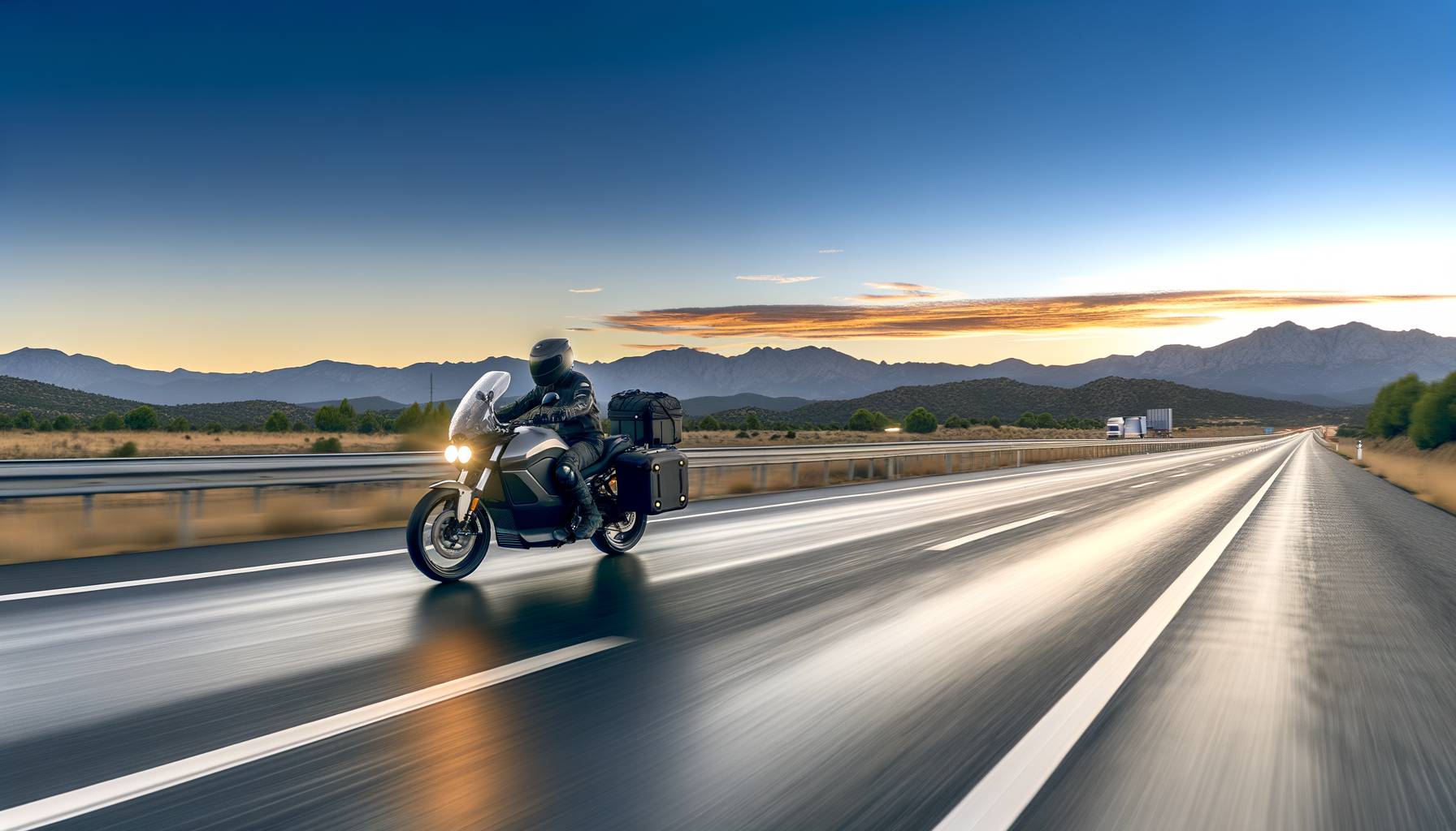 Formato horizontal, estilo realista cinematográfico: moto eléctrica touring en autopista despejada...