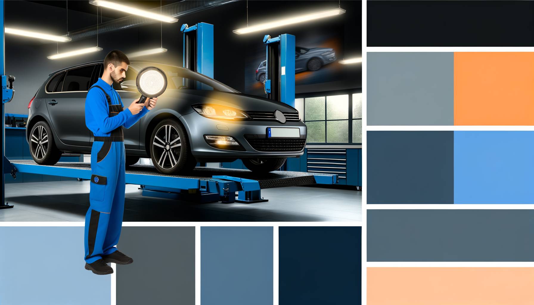 Foto realista en formato horizontal: taller moderno con luz suave; coche gris con leve golpe en el p...