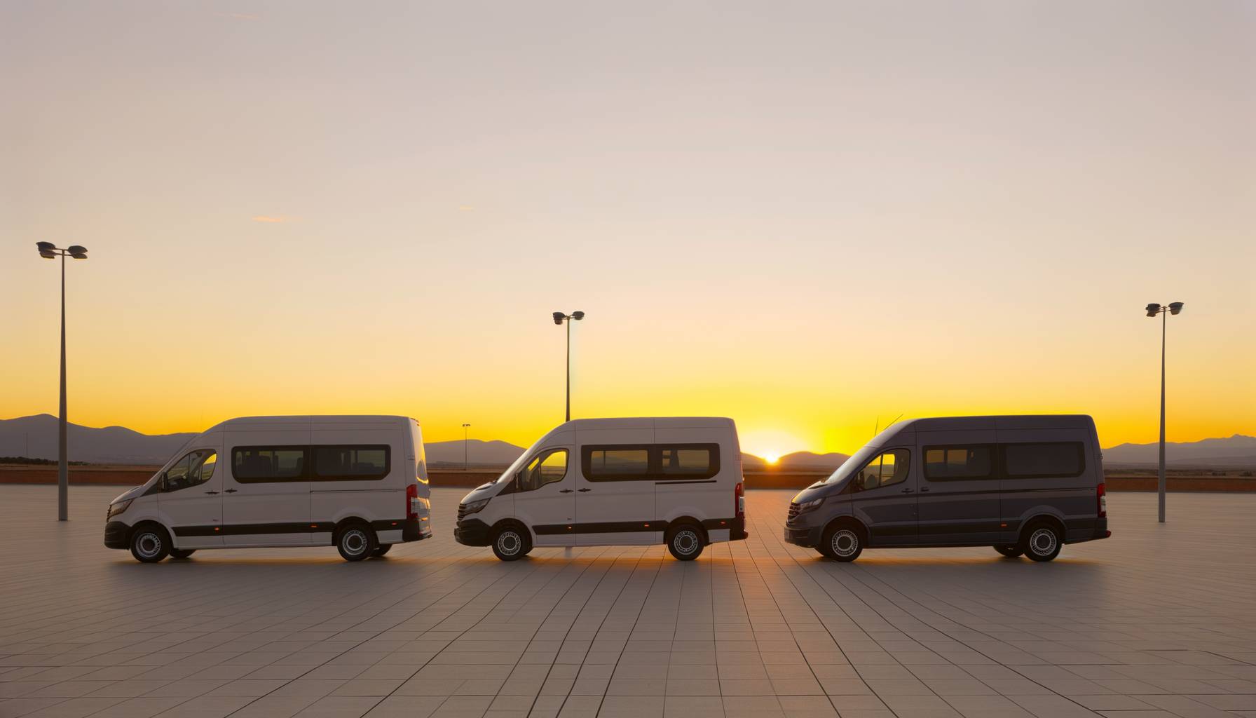 Ocaso en explanada abierta, composición horizontal: tres furgonetas alineadas en perfil para contra...