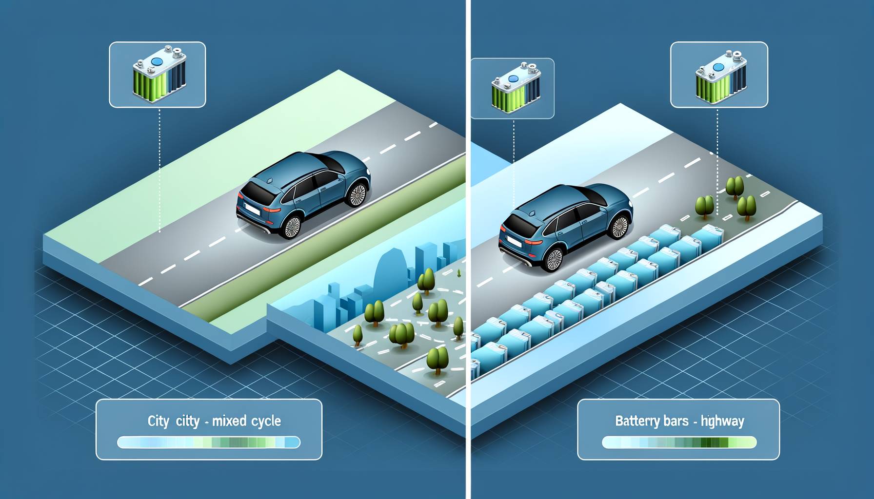 Ilustración isométrica profesional en formato apaisado: tres paneles comparativos con un SUV eléc...