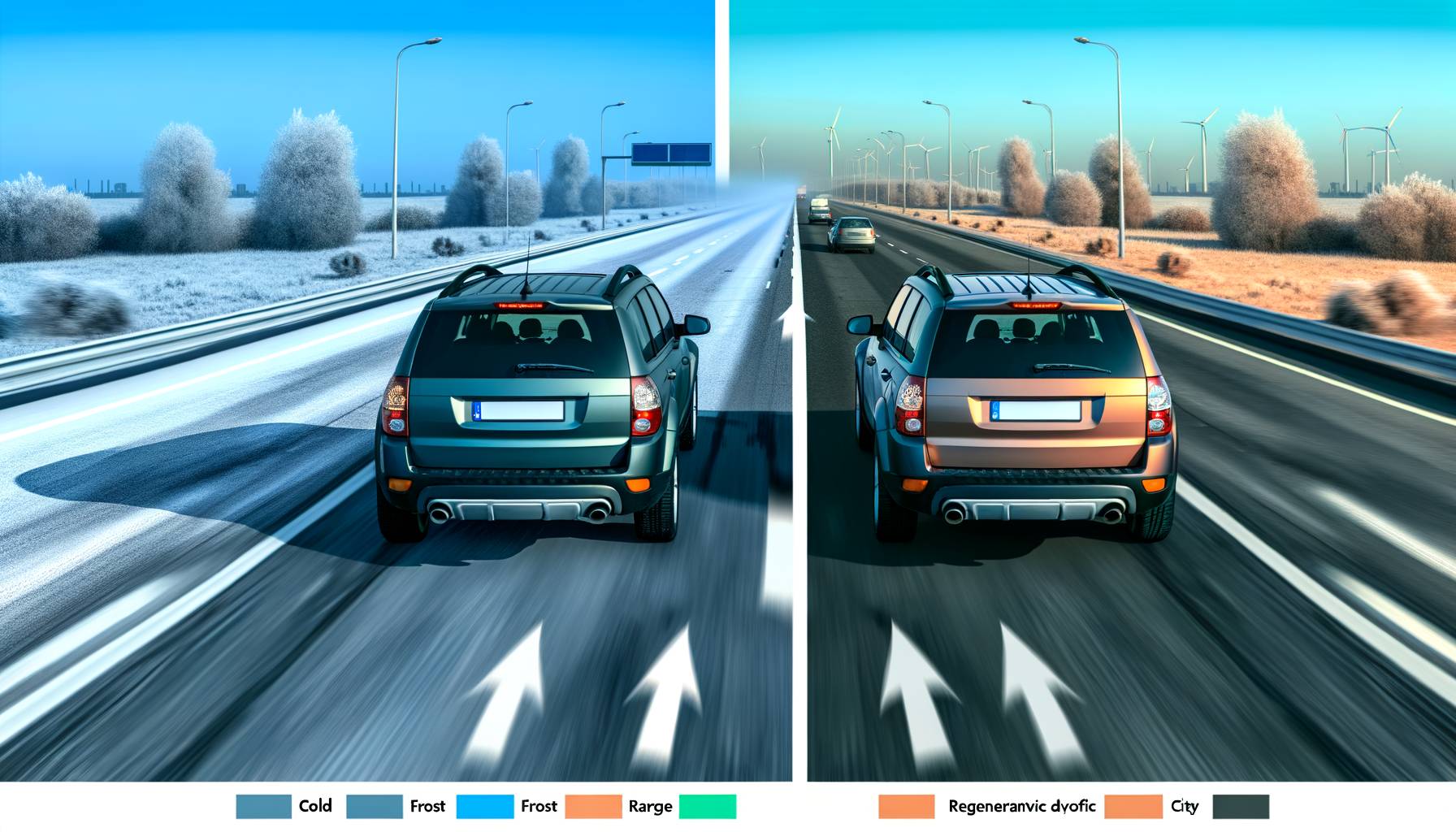 Render hiperrealista horizontal: escena dividida mostrando el mismo SUV en invierno en autopista (ca...